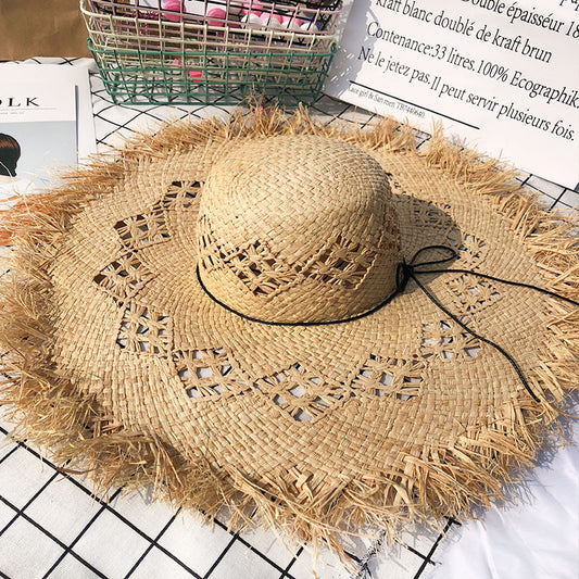 Women Summer Natural Raffia Straw Hat Girl Fashion Ribbon Floppy Shading Panama Wide Brim Sun Hats Vacation Travel Beach Hat Aiophie’s