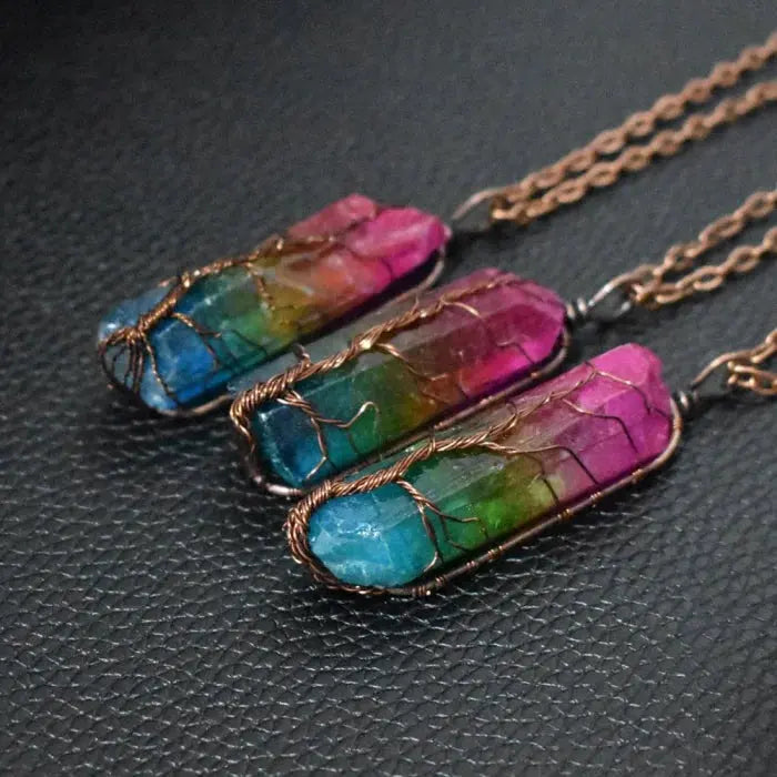 Colorful stone crystal pillar tree of life pendant - accessories