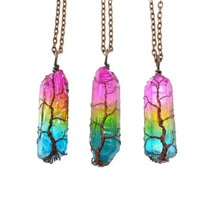 Colorful stone crystal pillar tree of life pendant - accessories