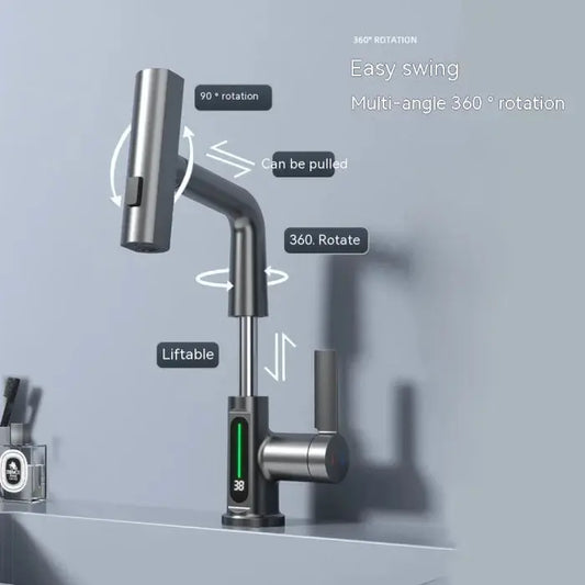 Intelligent digital display faucet pull - out basin temperature rotation - trendy