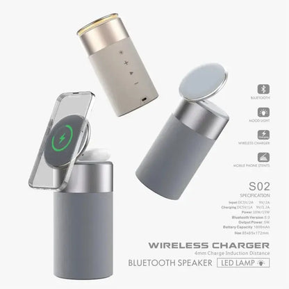 Portable 3 in 1 multi - function iphone and airpods wireless charger bluetooth speaker with touch lamp - trendy