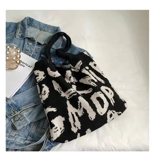 Printed fashion knit shoulder large bag - black white accessories
