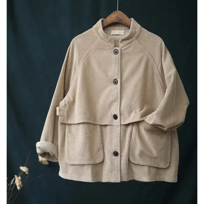 Short stand collar long sleeve corduroy jacket - apricot tops - women