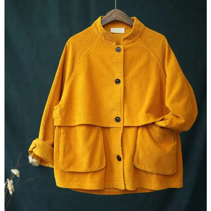 Short stand collar long sleeve corduroy jacket - orange tops - women