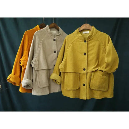Short stand collar long sleeve corduroy jacket - tops - women