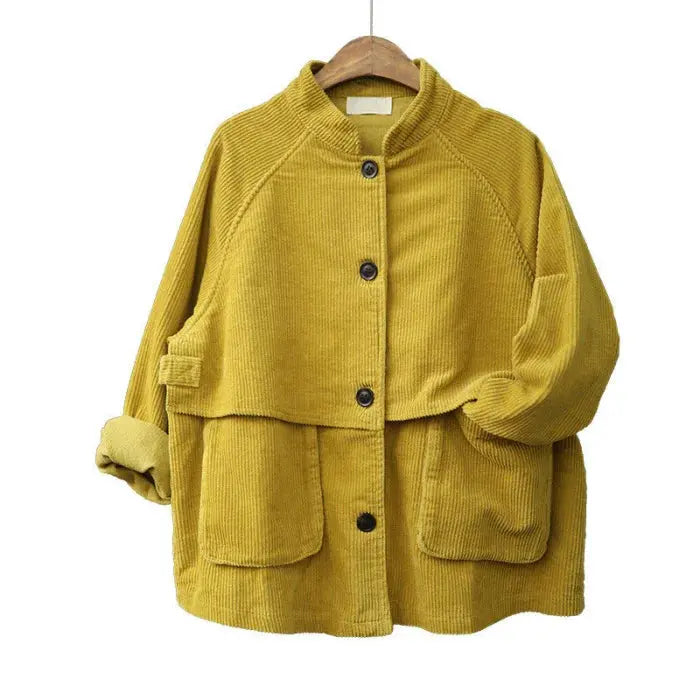 Short stand collar long sleeve corduroy jacket - yellow tops - women