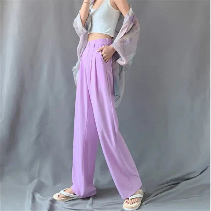 Women’s ice silk thin high waist wide leg pants - purple / xs bottoms - women