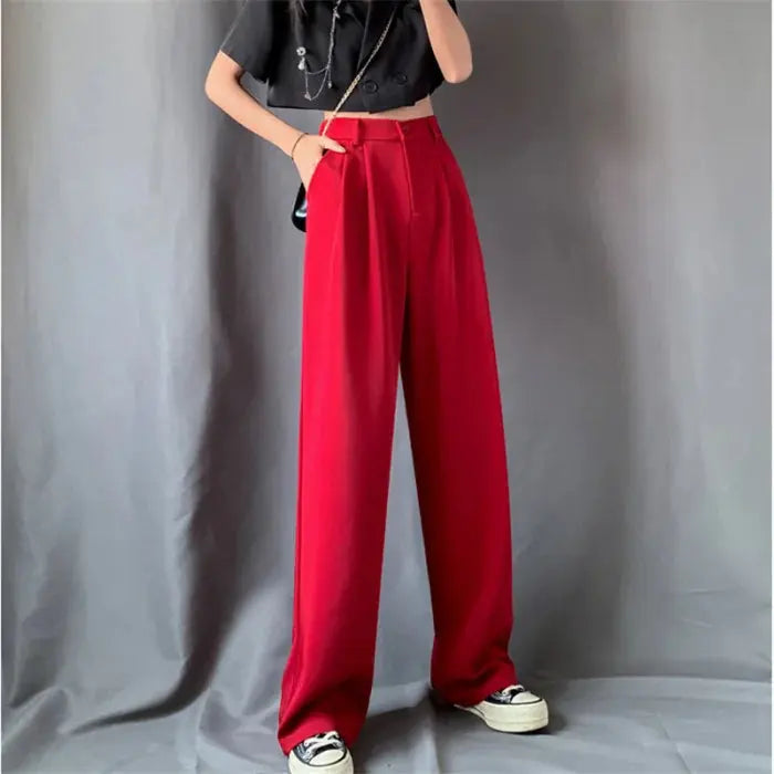 Women’s ice silk thin high waist wide leg pants - red / xs bottoms - women