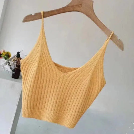 Women’s short knitted sleeveless shirt - yellow tops - women