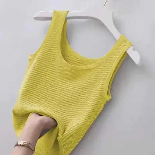 Women’s slim ice silk camisole ribbed vest - yellow / m tops - women