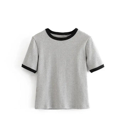 Women’s vintage traf short - sleeve ribbed o - neck top - grey / xs tops - women