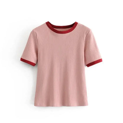 Women’s vintage traf short - sleeve ribbed o - neck top - pink / xs tops - women