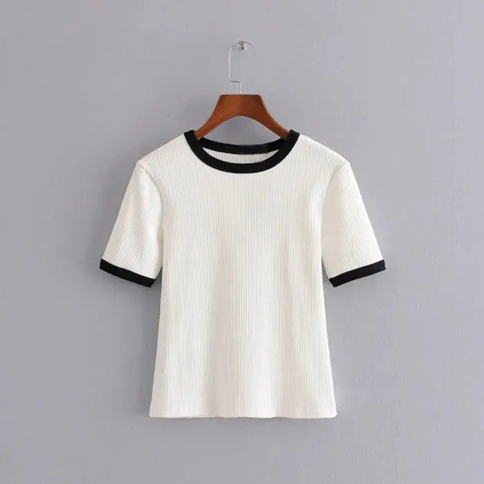 Women’s vintage traf short - sleeve ribbed o - neck top - white / xs tops - women